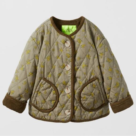 Zara Kids Girls 4-5 Years Quilted Jacket Pants Matching Set Floral Brown - Picture 9 of 9